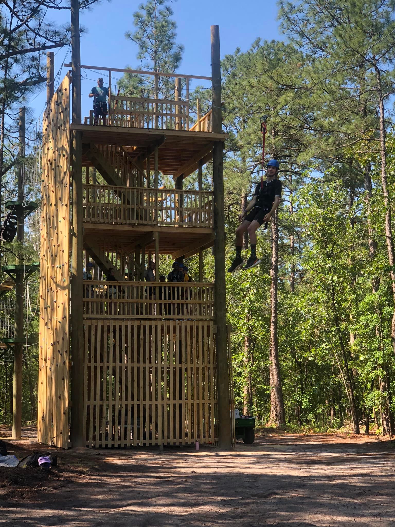 Dual zip lines let you soar like an eagle from the top of our climbing tower across a short expanse and back! Weight: min 60 lbs/ max 250 lbs. All participants must be able to fit the harness.